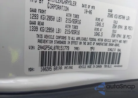 2007 Chrysler Town & Country Touring z USA, uszkodzony, nr VIN 2A4GP54L07R151779